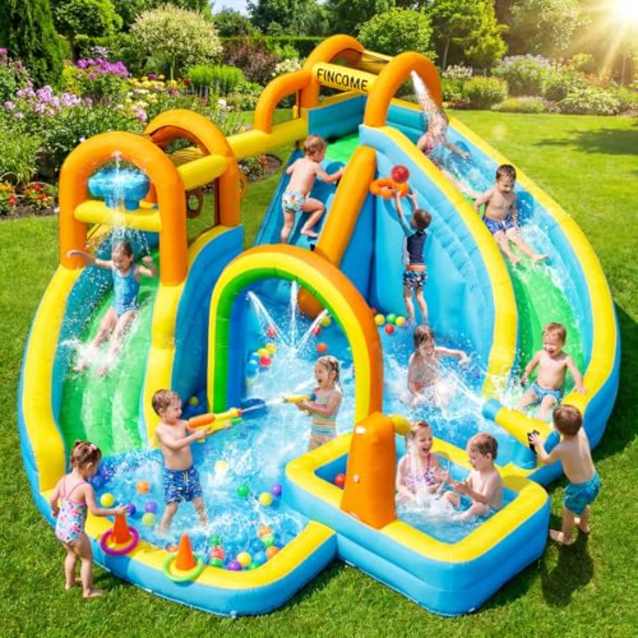 Kids Outdoor Water Slide - สวนสไลเดอร์น้ำเป่าลมกลางแจ้งสำหรับเด็ก: วัสดุ PVC, สีฟ้าและสีเหลือง, สไลเดอร์คู่พร้อมสระน้ำและบาสเกตบอล