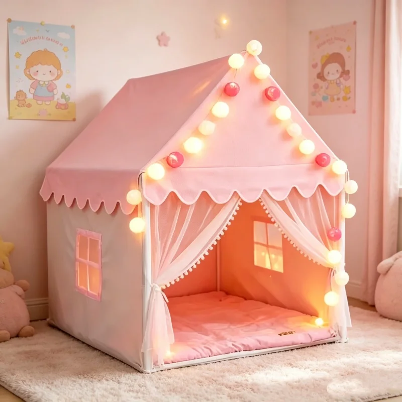 Kids Outdoor Playhouse - เต็นท์ปราสาทเจ้าหญิงสีชมพูขนาดใหญ่ พับเก็บได้ บ้านเล่นพกพา ของเล่นในร่มสำหรับเด็กผู้หญิง ของขวัญในอุดมคติ และอุปกรณ์ตกแต่งห้องเด็ก
