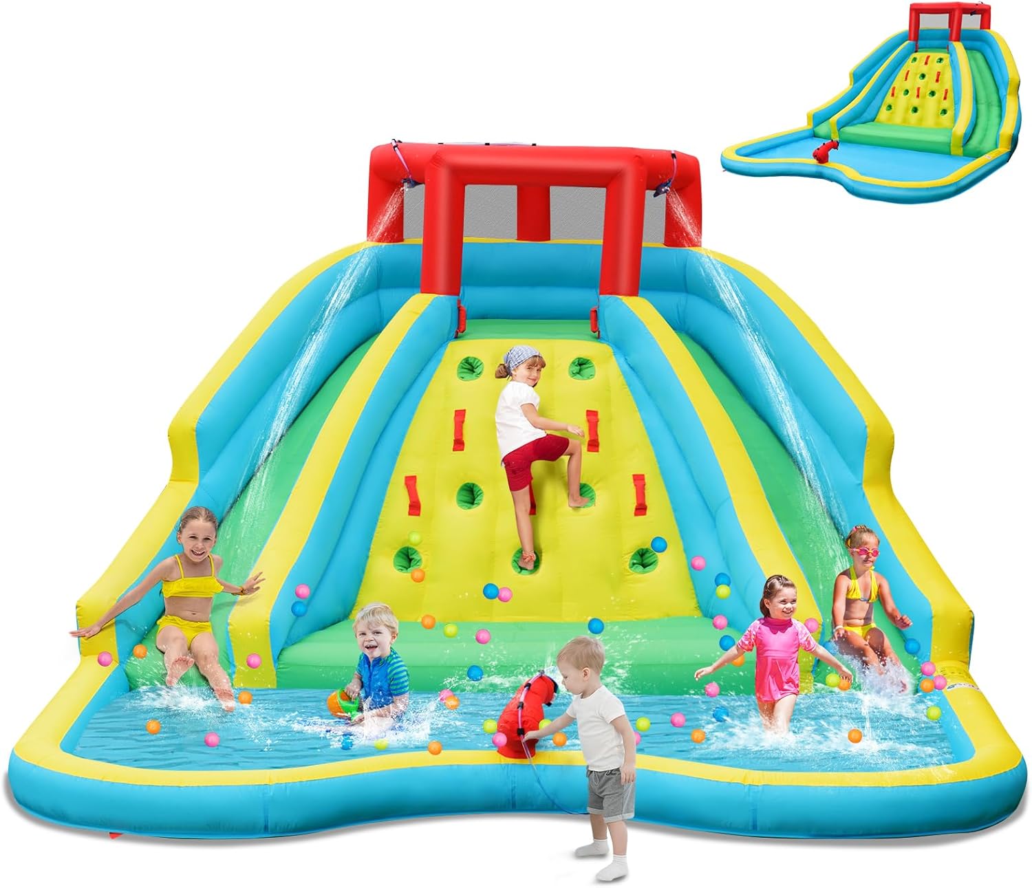 Kids Outdoor Water Slide - สไลเดอร์น้ำเป่าลมขนาดใหญ่สำหรับเด็ก สวนน้ำกลางแจ้งพร้อมสไลเดอร์ยาวสองช่อง ผนังปีนป่าย ปืนฉีดน้ำและสายยาง สระน้ำขนาดใหญ่ สไลเดอร์น้ำเป่าลมสำหรับสนามหลังบ้าน