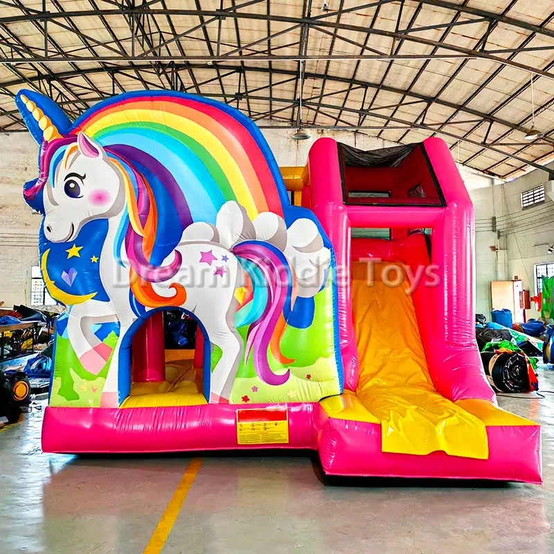 Kids Outdoor Adventure Park - ปราสาทเป่าลมยูนิคอร์นเรนโบว์ PVC สำหรับเด็ก สนามเด็กเล่นกลางแจ้งพร้อมสไลเดอร์และเกมกระโดดข้ามสิ่งกีดขวาง สนุกสนานสำหรับเด็ก