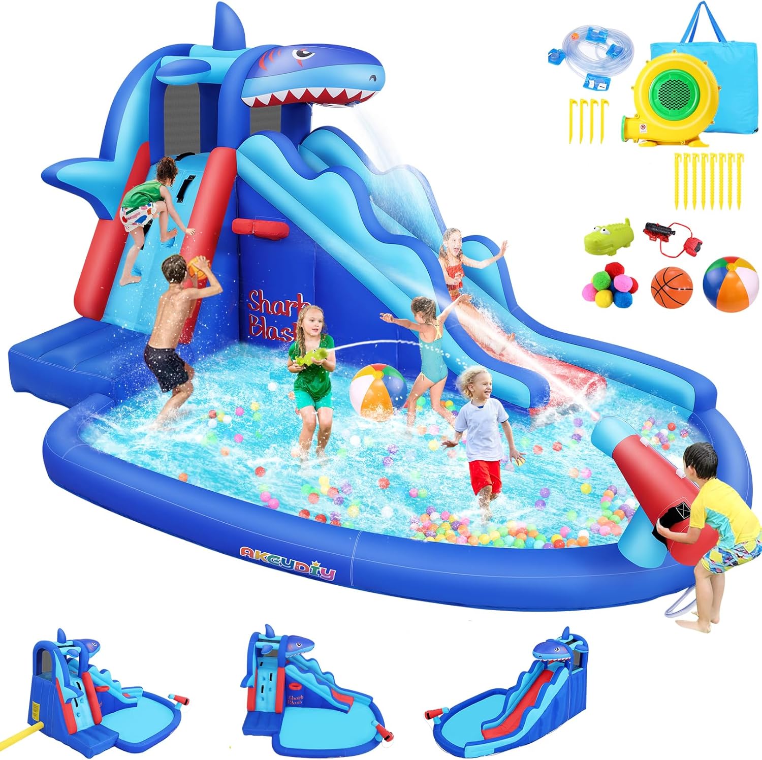 Kids Outdoor Water Slide - สวนน้ำเป่าลมธีมฉลามสำหรับเด็ก: สไลเดอร์น้ำเป่าลมกลางแจ้งพร้อมผนังปีนป่าย, ห่วงบาสเก็ตบอล, สระน้ำเล่น และปืนฉีดน้ำสำหรับความสนุกในสวนหลังบ้าน