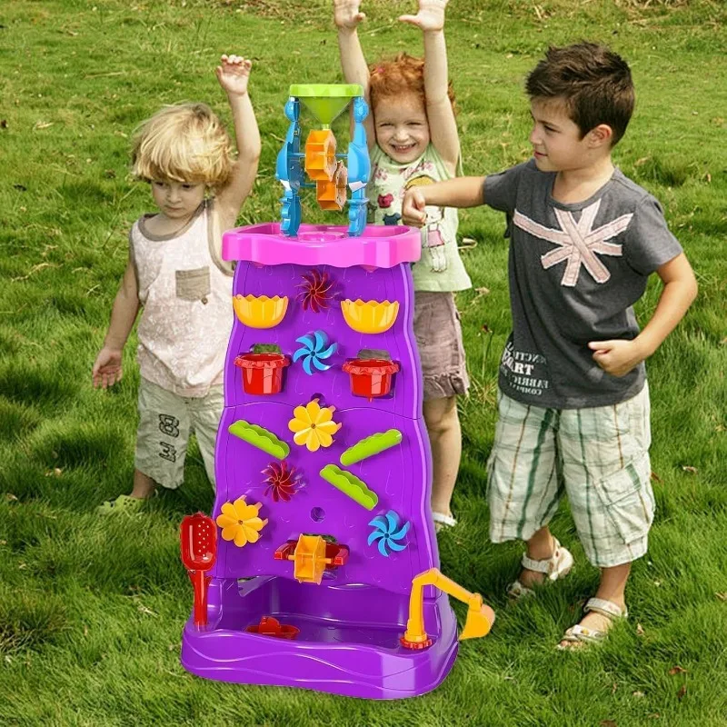 Kids Outdoor Learning Activities - ชุดของเล่นน้ำและทรายสำหรับเด็ก แบบสองด้าน พร้อมน้ำตกจำลอง สถานีเล่นทรายกลางแจ้ง สำหรับเด็กชายและเด็กหญิง ของเล่นเสริมพัฒนาการ