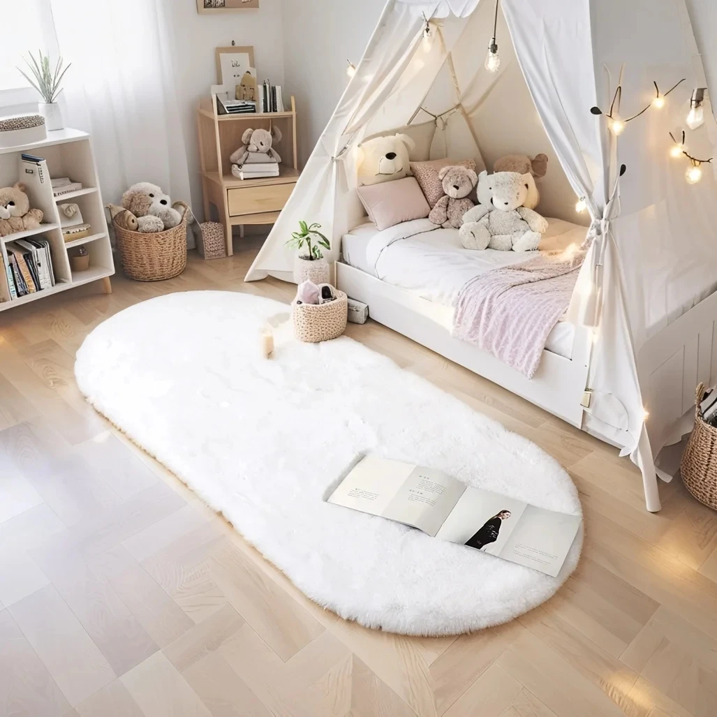 Kids Outdoor Floor Cushions - พรมขนกระต่ายเทียมทรงวงรี พื้นผิวนุ่มพิเศษ สำหรับห้องนั่งเล่น ห้องนอนเด็ก พื้นที่เล่นเกม พรมตกแต่งบ้าน