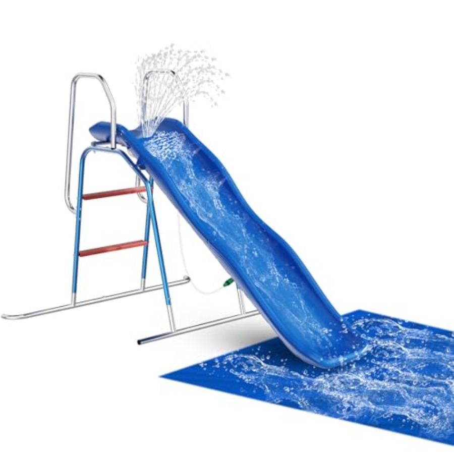 Kids Outdoor Water Slide - สไลเดอร์น้ำสำหรับเด็กในสวนหลังบ้าน วัสดุ PVC สีฟ้าและสีเหลือง พร้อมสปริงเกอร์ฉีดน้ำ 3