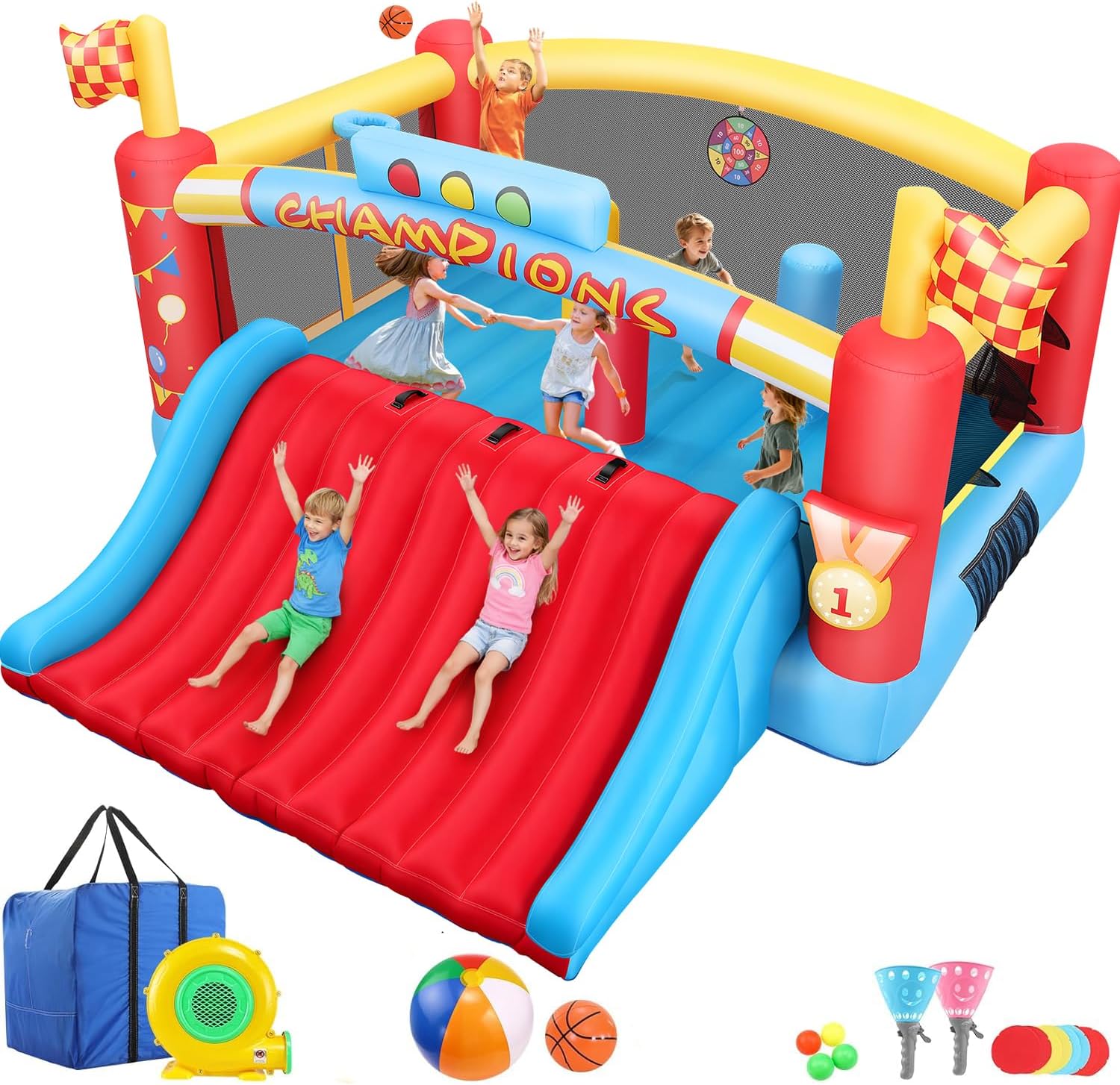 Kids Outdoor Bounce House - บ้านลมขนาดใหญ่สำหรับเด็กโต, บ้านลมกลางแจ้งขนาด 13 ฟุตพร้อมเครื่องเป่าลม, ห่วงบาสเก็ตบอลคู่, เกมโยนลูกบอล