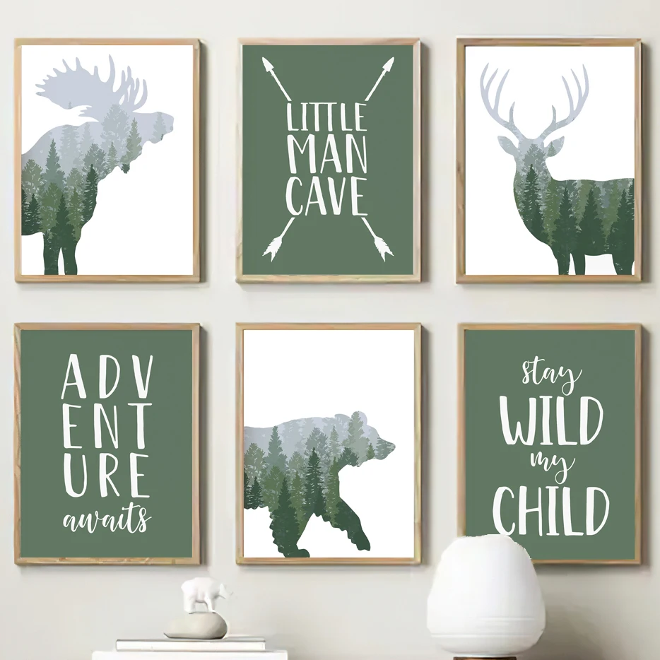 Kids Outdoor Quotes - ภาพพิมพ์บนผ้าใบลายกวาง หมี มูส ในป่าสีเขียว - ของตกแต่งห้องเด็ก