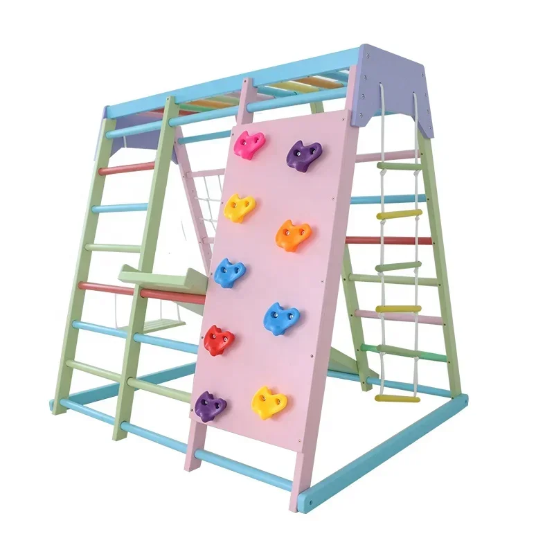 Kids Outdoor Frame - ชุดเครื่องเล่นปีนป่ายไม้สำหรับเด็ก พร้อมชิงช้า สไลเดอร์ และอุปกรณ์ออกกำลังกายกลางแจ้ง สำหรับใช้ในบ้านและโรงเรียน