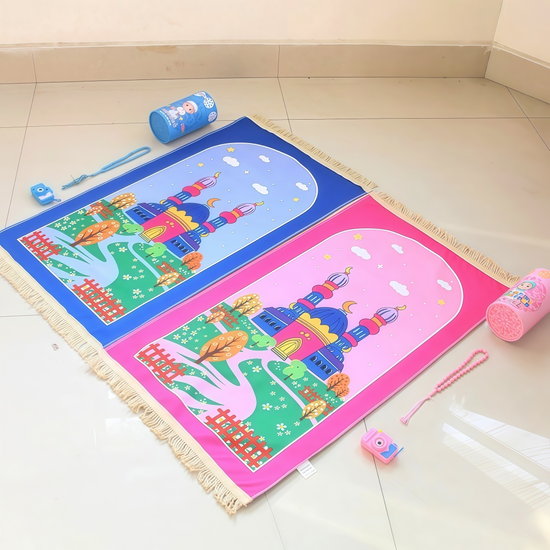 Kids Outdoor Floor Cushions - พรมละหมาดเด็กกำมะหยี่หมายเลข 4, พรมละหมาดเด็กกำมะหยี่พิมพ์ลายเนื้อนุ่ม, เบาะรองนั่งสำหรับการละหมาดในบ้านแบบพับได้สำหรับเด็ก