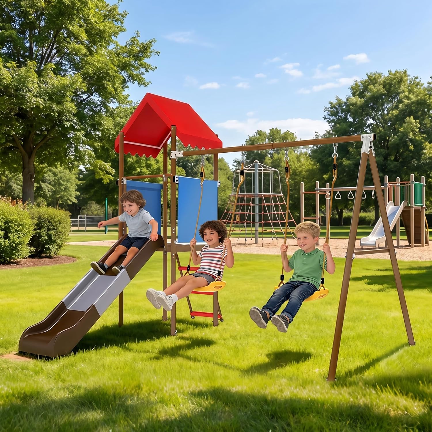 ชุดชิงช้าโลหะสำหรับเด็กพร้อมสไ - Kids Outdoor Playhouse บทวิจารณ์และราคา