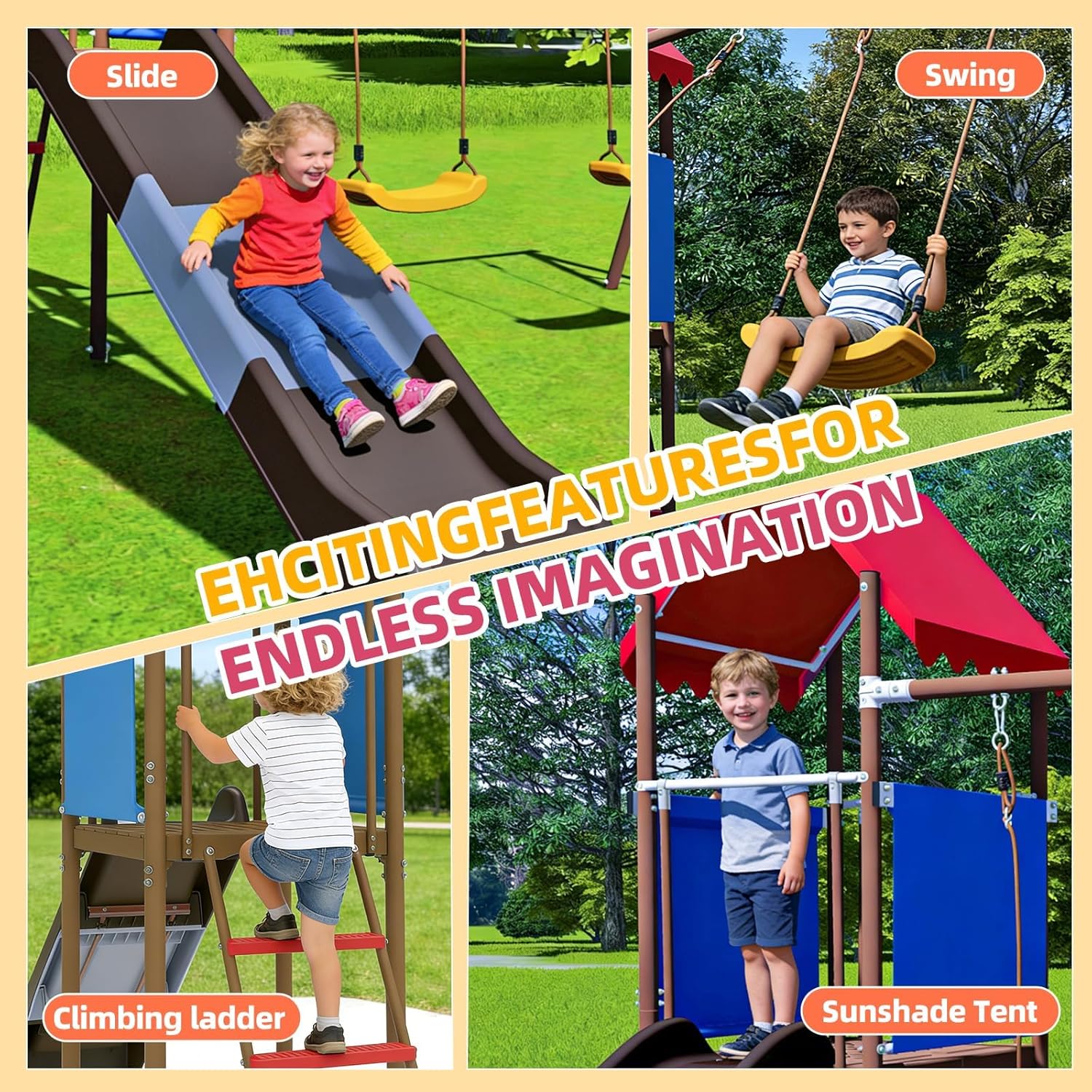 ชุดชิงช้าโลหะสำหรับเด็กพร้อมสไ - Kids Outdoor Playhouse บทวิจารณ์และราคา