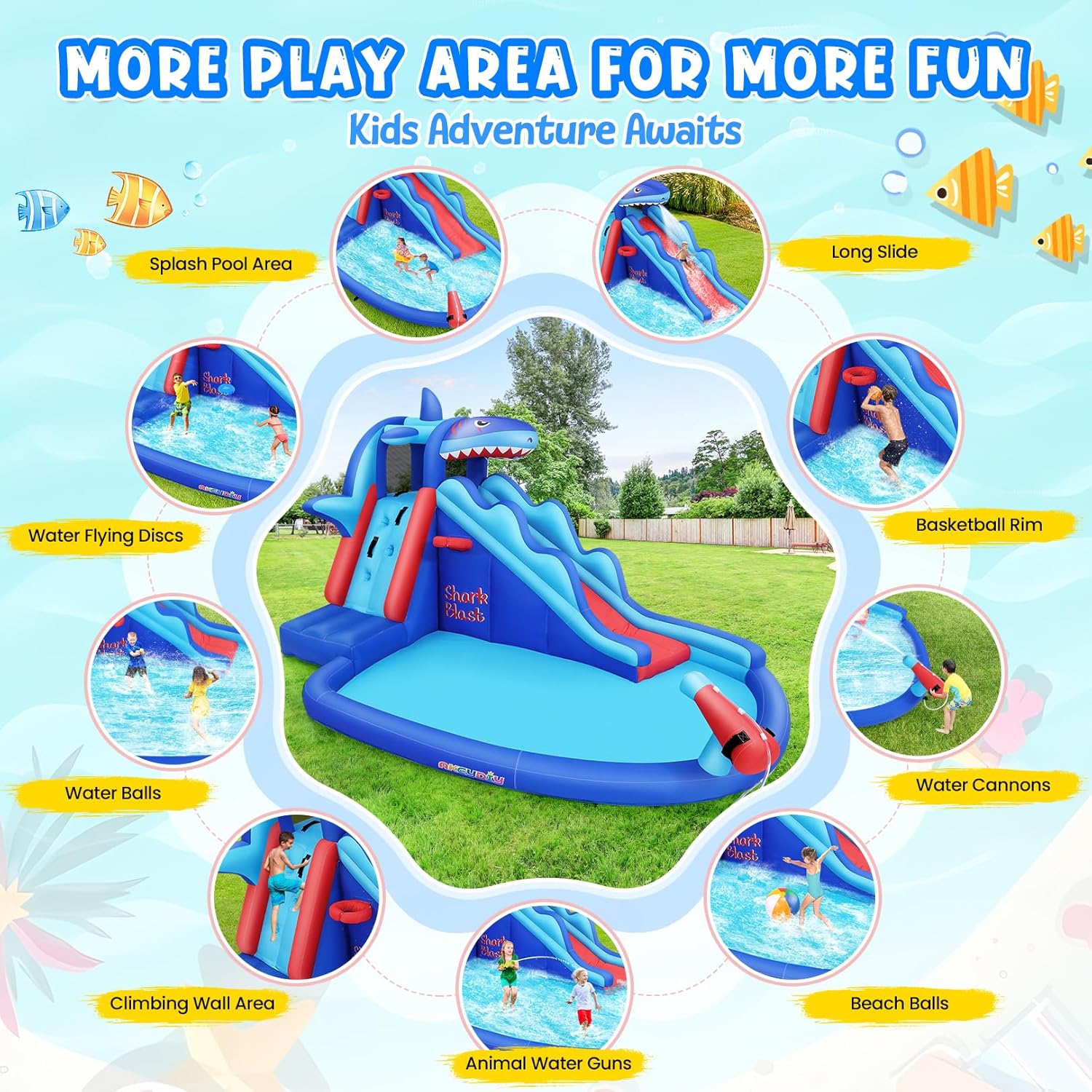 สวนน้ำเป่าลมธีมฉลามสำหรับเด็ก: - Kids Outdoor Water Slide บทวิจารณ์และราคา