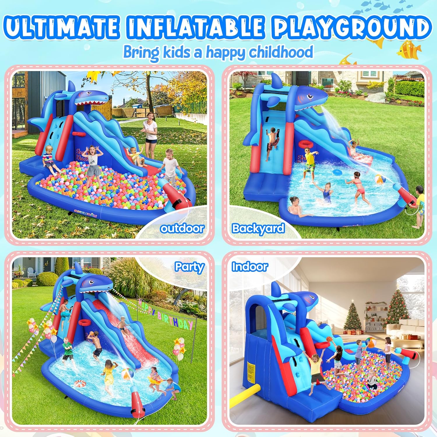 สวนน้ำเป่าลมธีมฉลามสำหรับเด็ก: - Kids Outdoor Water Slide บทวิจารณ์และราคา